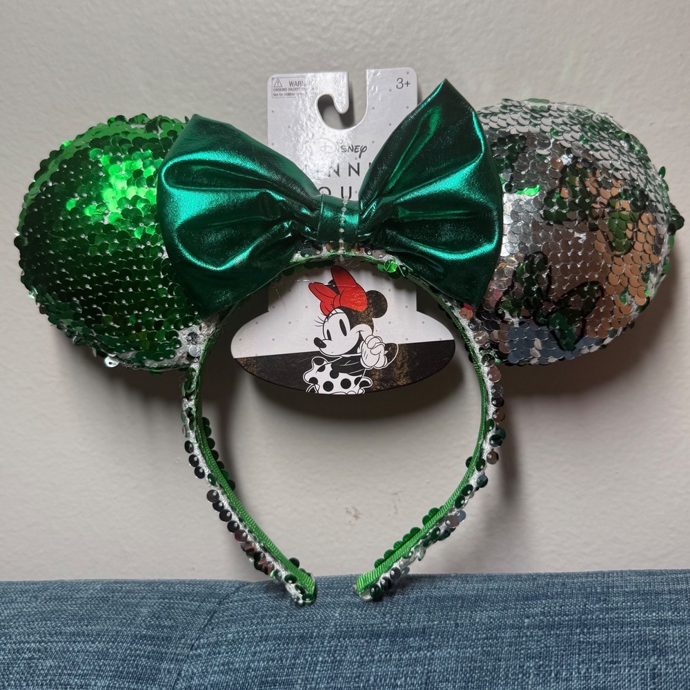 Disney Minnie Mouse Green Silver Sequin Headband Metallic Bow Kids MM2254 NWT